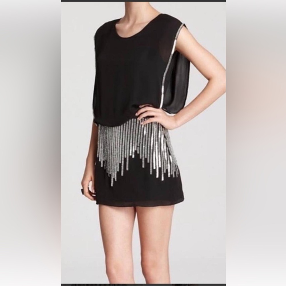 Parker Coquette Black Silk Tunic/Dress with Silver Fringe Size Medium L#32